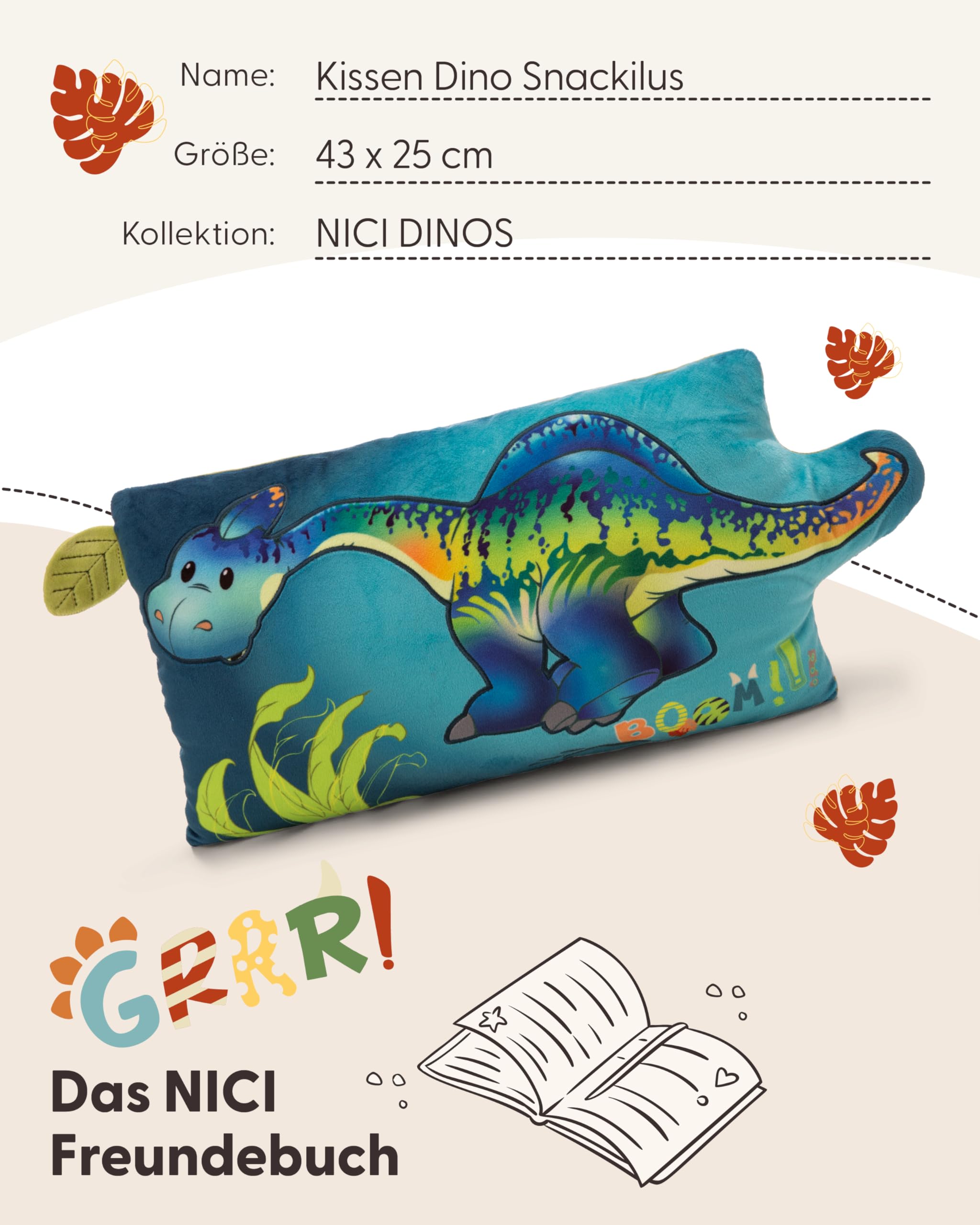 Kissen Dino Snackilus 43x25cm - blau - Flauschiges Kuscheltierkissen für Jungen, Mädchen, Babys und Kuscheltierliebhaber, ideal für Zuhause, Kindergarten oder unterwegs | 61575 5