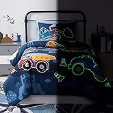 Kaleido Space Twin Kids Comforter Set - 5 Pieces Twin Bedding Sets for Boys Teen, Glow in The Dark Truck Tractor Excavator Bed in A Bag with Sheets