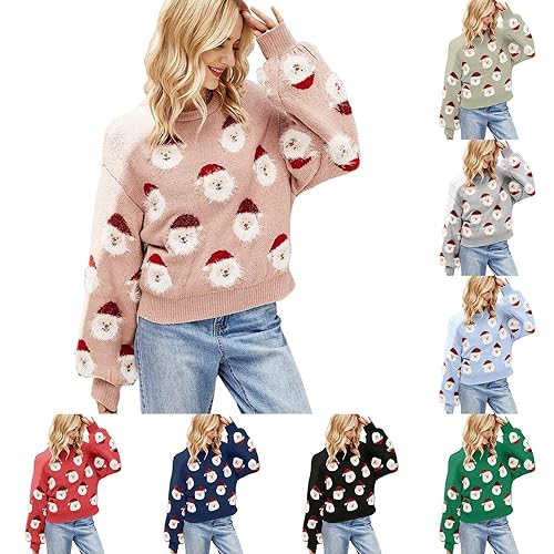 Nuaoxyeu Women Christmas Sweatshirt Christmas Jumpers for Women Funny Santa Print Knitted Sweaters Long Sleeve Crew Neck Xmas Pullover Baggy Fluffy Fuzzy Tops Winter Winter Jumpers