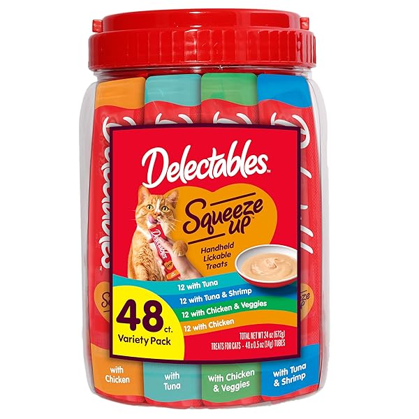 DELECTABLES SQUEEZE UP VARIETY PACK, CREAMY SQUEEZABLE PUREE, LICKABLE WET CAT TREATS, GRAIN FREE, NO ADDED FILLERS, NO BY-PRODUCTS, NO ADDED PRESERVATIVES, 0.5 OUNCES TUBE, 48 TUBES TOTAL