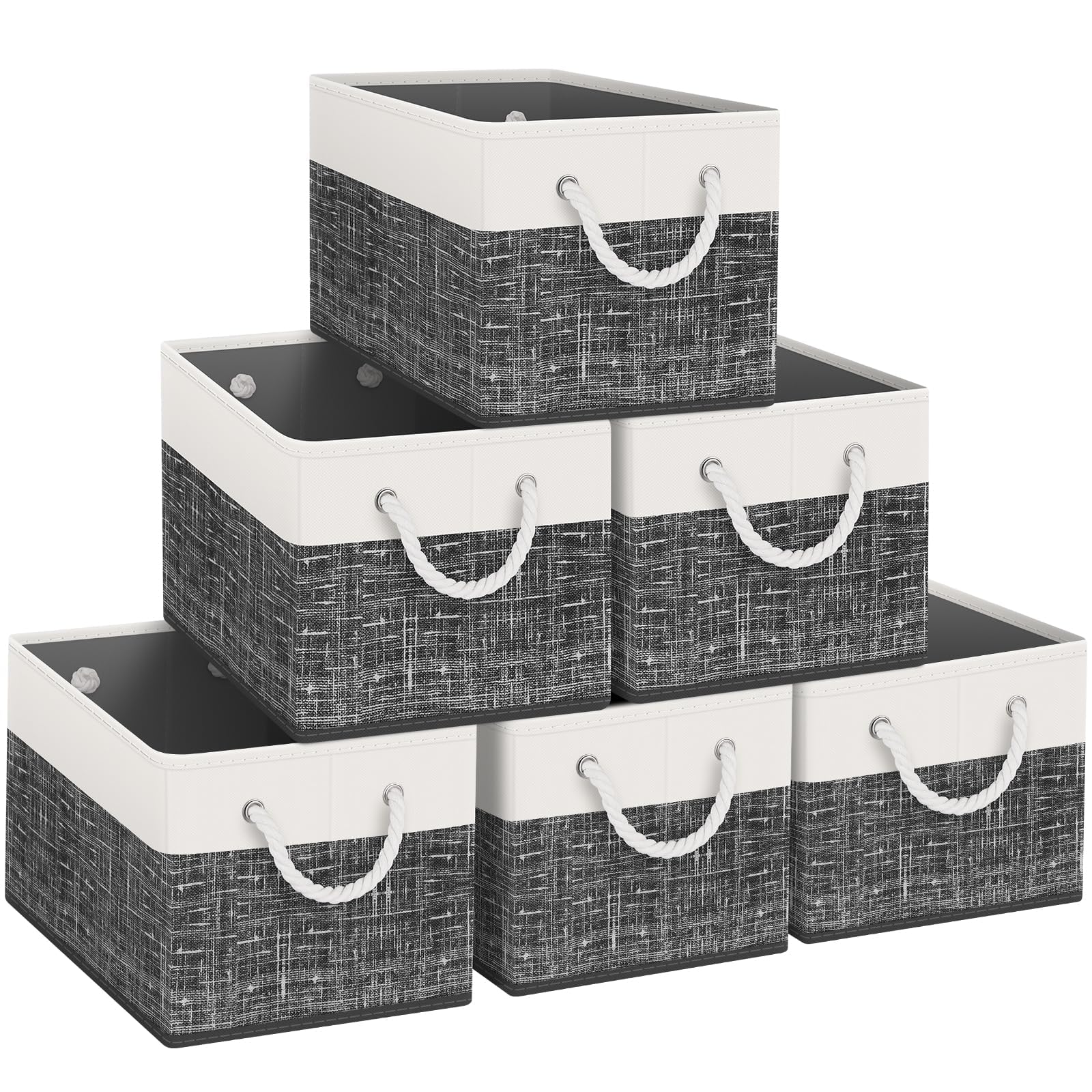 Fab totes Storage Bins [6-Pack], Foldable Storage Baskets for Organizing Toys, Books, Shelves, Closet, Large Storage Box with Rope Handles, Sturdy Organizer Bins, White & Black Image