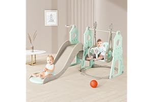 DUKE BABY 4-in-1 Toddler Slide and Swing Set with Extra Large Playground, Basketball Hoop & Climber, Indoor/Outdoor Playset, Castle Collection – Mint Green