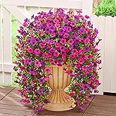 Dolicer 8 Pcs Look Real Artificial Flowers for Outdoors, Realistic Fake Artificial Hanging Flowers for Outdoors UV Resistant Silk Faux Hanging Plants Flowers for Porch Patio Garden (Purple+Fuchsia)