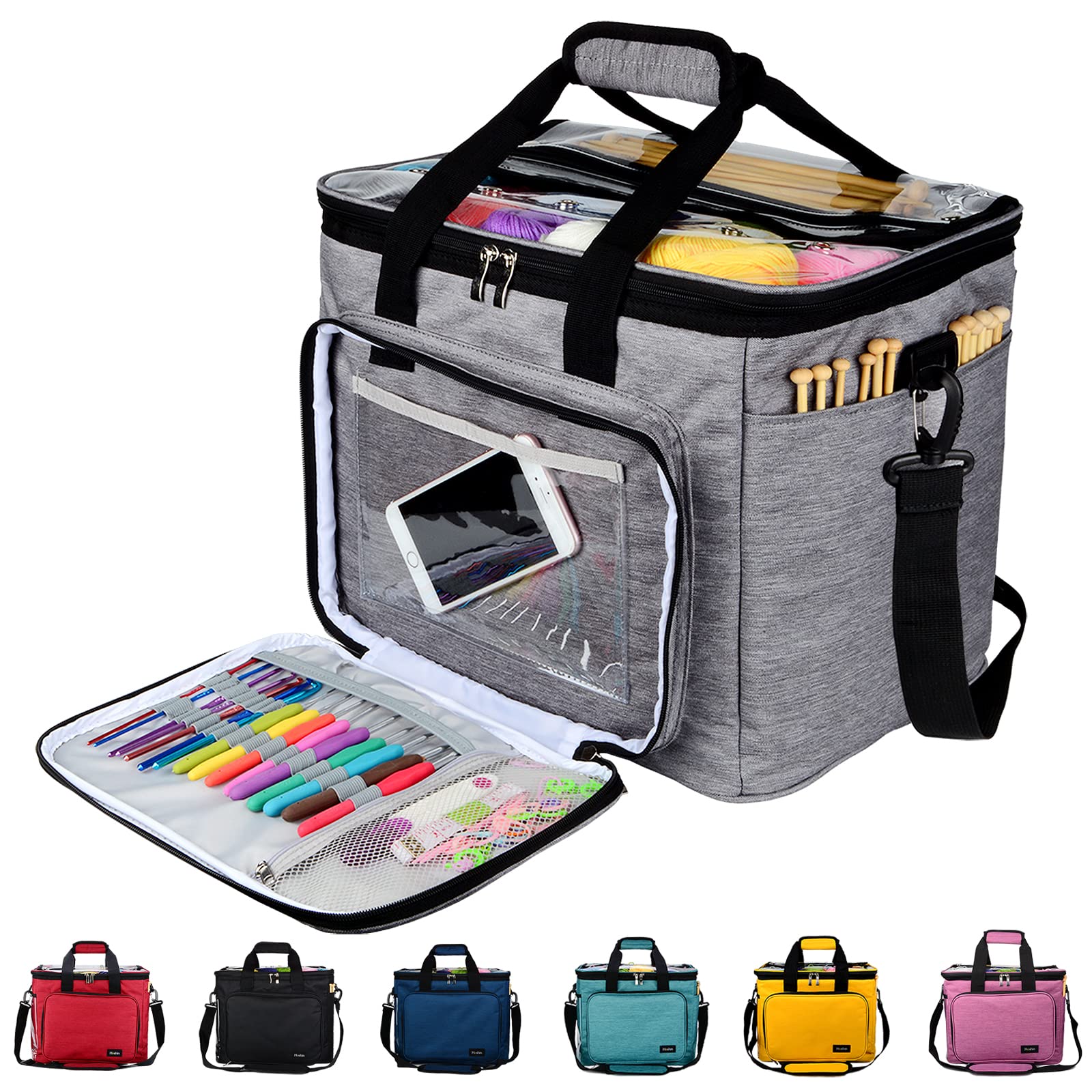Hoshin Knitting Bag for Yarn Storage, Portable Crochet Tote Bag Yarn Organizer for Crochet Patterns and Hooks, Needles, Skeins of Yarn-Enjoy Knitting/Crocheting Anywhere(Gray)