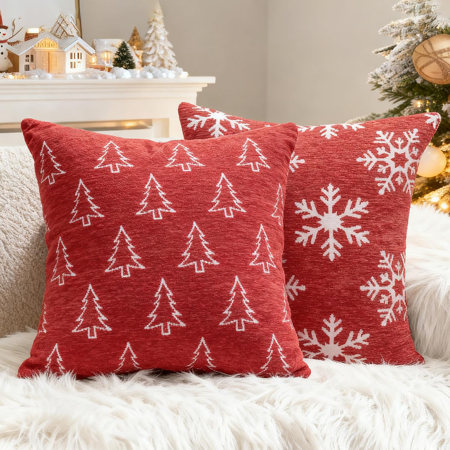 Photo 1 of 2 Pack Christmas Pillow Covers 18x18, Chenille Double-Sided Snowflake & Christmas Tree Decorative Throw Pillow Cases, Soft Farmhouse Holiday Cushion Covers for Sofa Couch Bed(Red,18x18)