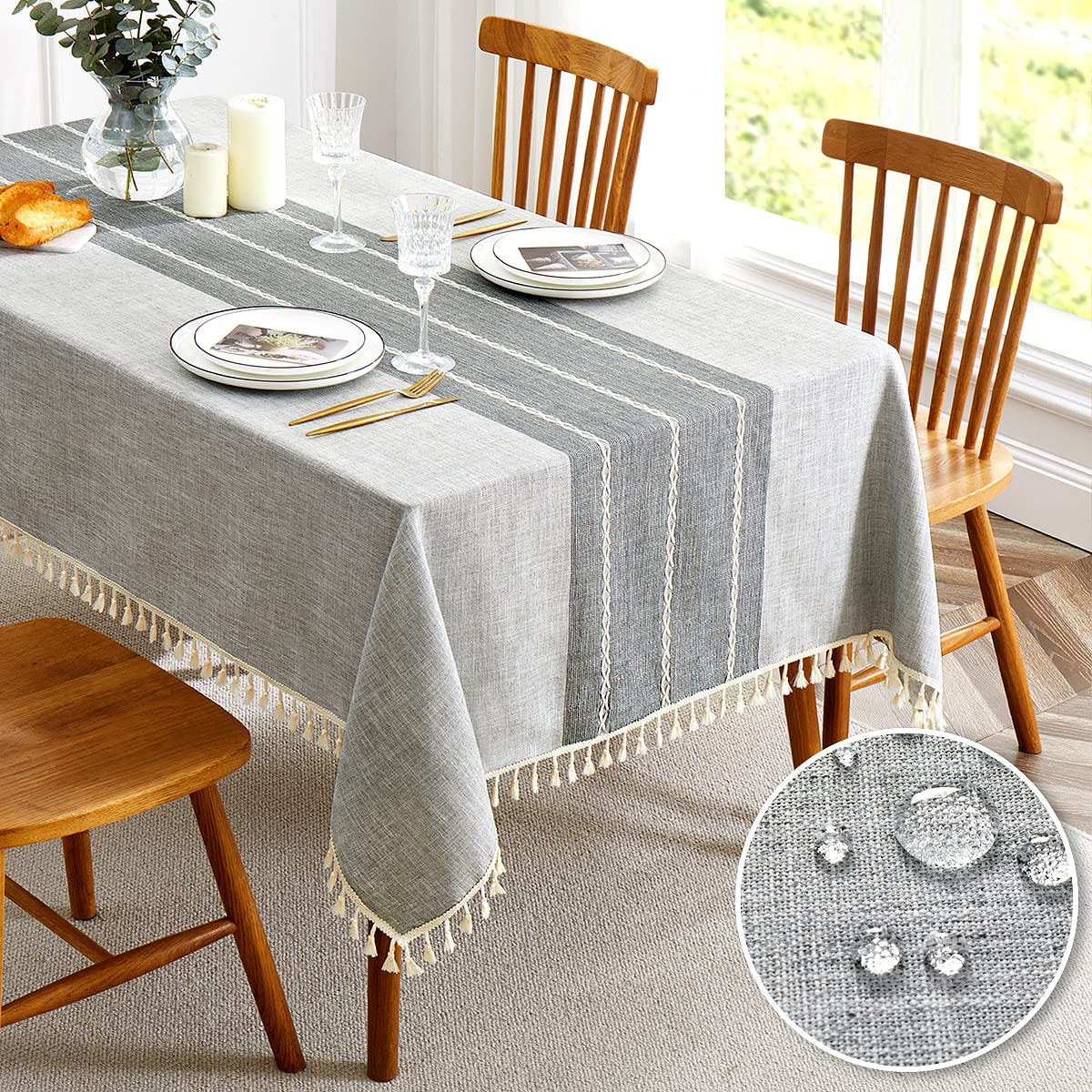 Photo 1 of QIANQUHUI Embroidered Tablecloth for Kitchen, Rustic Farmhouse Table Cloth, Dust Proof Spillproof Soil Resistant Cotton Linen Rectangle Table Cloth (L-Gray, 55x120 inch)
