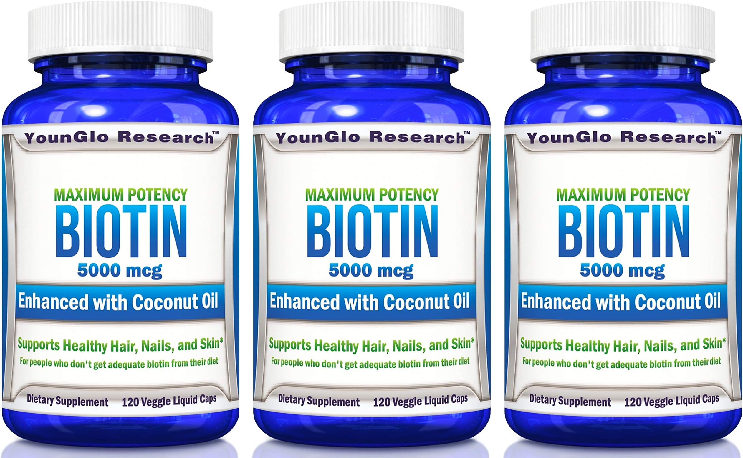 Biotin Plus Coconut Oil Pills 5000 mcg - for Healthy Hair - 120 Veggie Liquid Capsules (3 Pack)