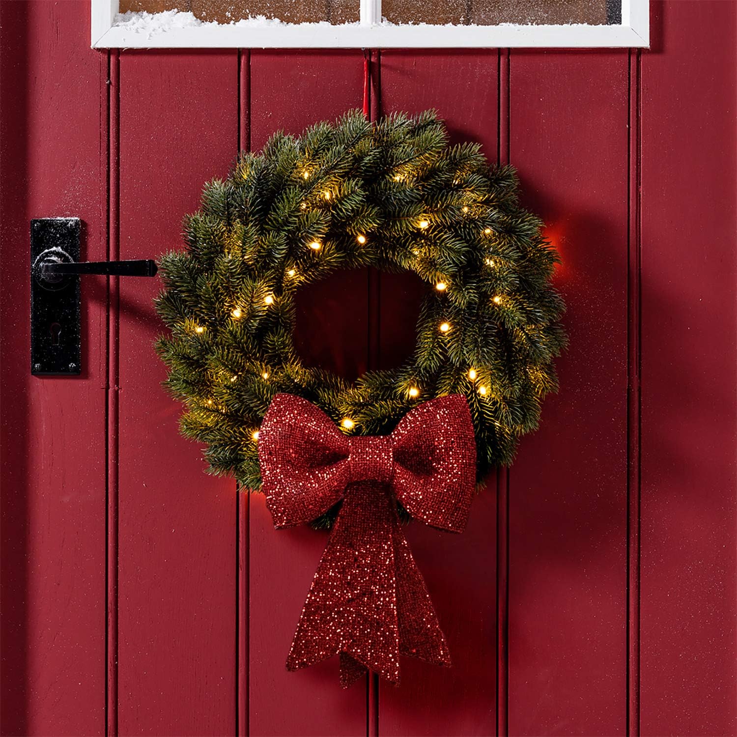 Lights4fun Pre Lit Outdoor Christmas Wreath & Red Bow Bundle Warm White