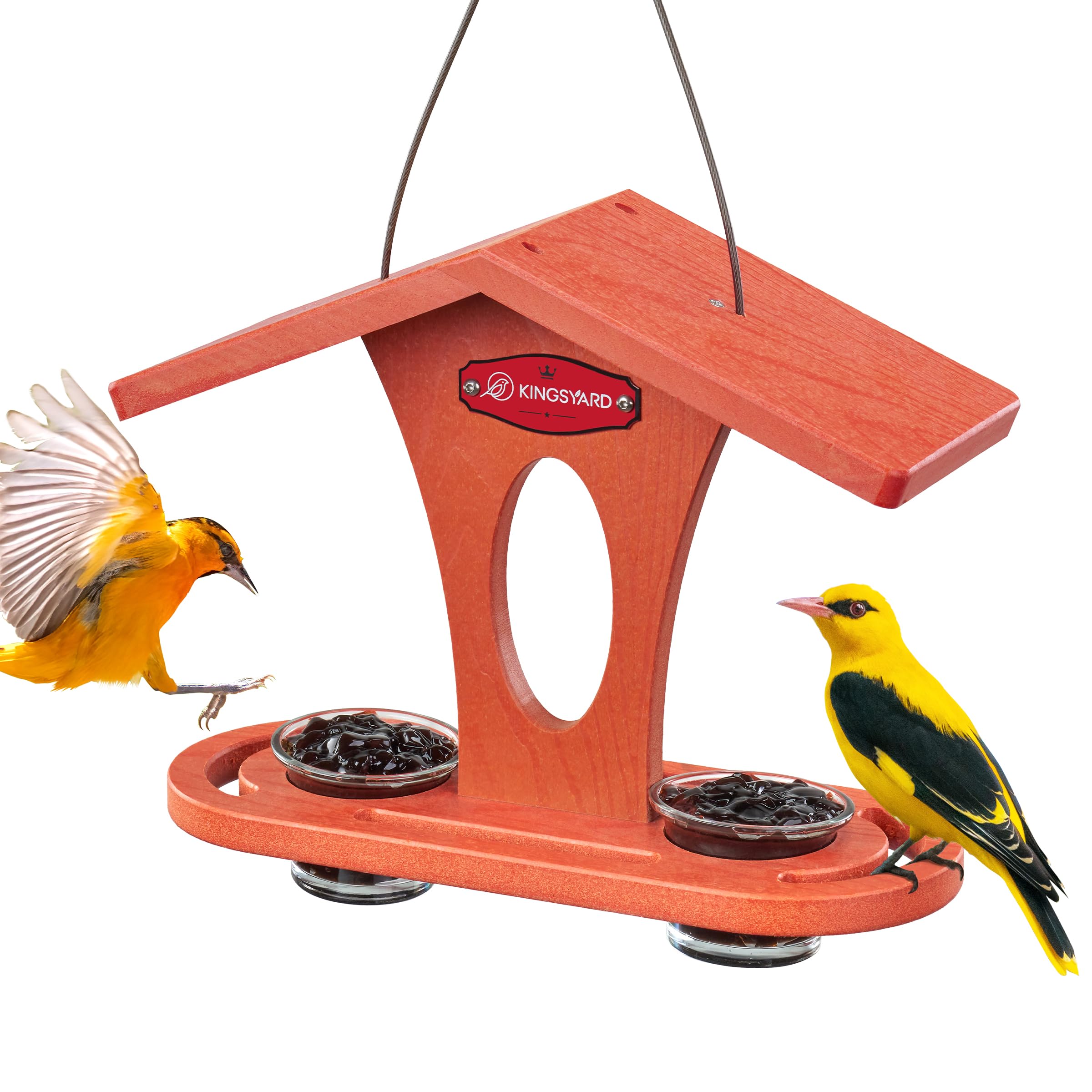 Photo 1 of **MISSING THE GLASS CUPS**
Kingsyard Bird Feeder for Outdoor Hanging, Recyceled Plastic Oriole Jelly Feeder, Two Dishes w/ 5 oz, Durable & Weatherproof, for Bird Lovers, Orange