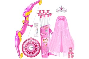 DUDUCOFU Kids Bow and Arrow Set Toys for Girls, LED Light Up Archery Bow Set with Princess Cape and Crown, 10 Suction Cup Arrows, Indoor and Outdoor Play Birthday Gift Toy for Kids Boys Girls