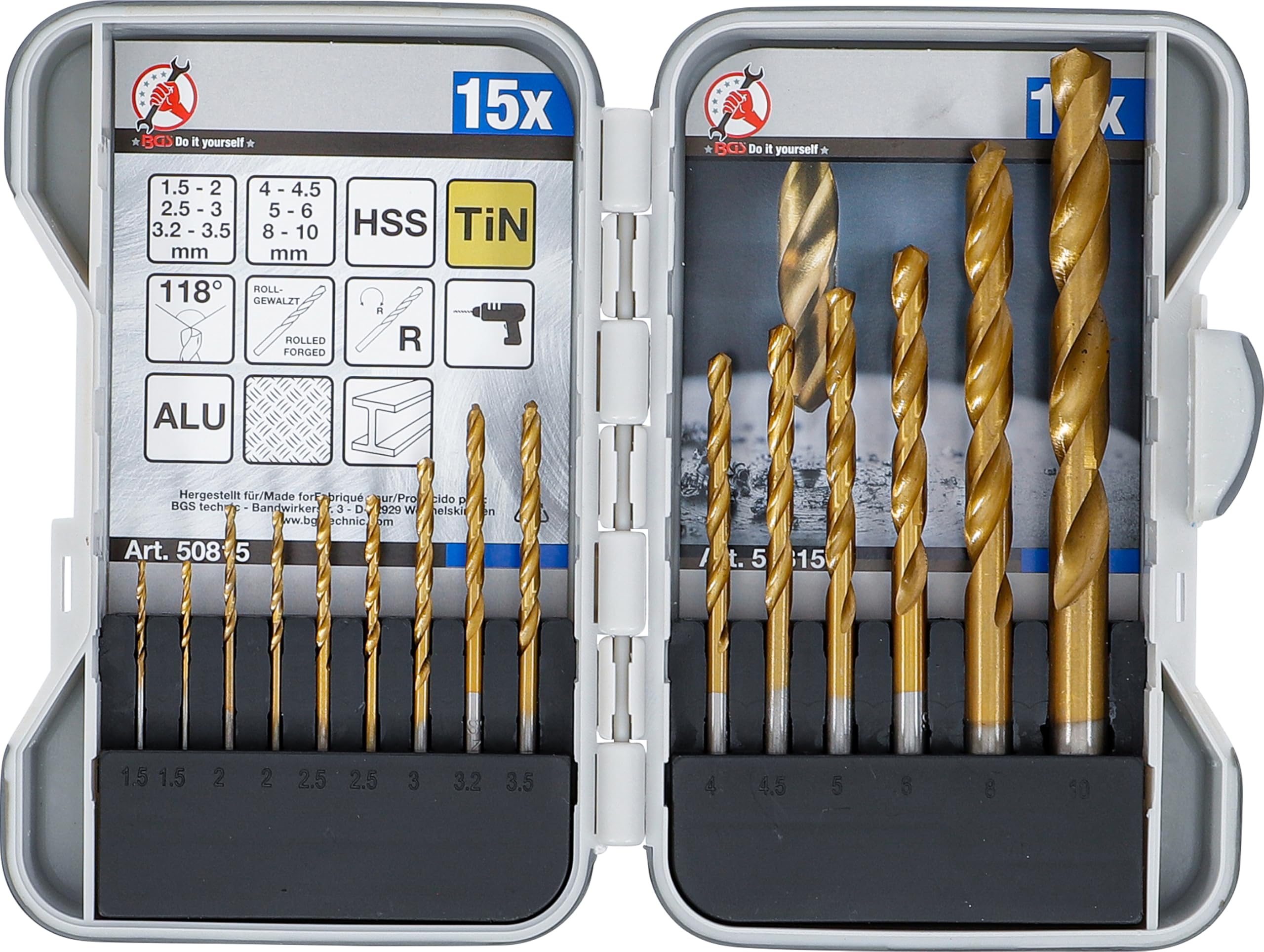 BGS Diy 50815 | HSS Twist Drill Set | titanium nitrated | 1.5 - 10 mm | 15 pcs.