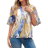Glamaker Womens Chiffon Blouses Dressy 2026 Summer Casual Floral Boho Tops V Neck Ruffle Short Sleeve Business Work Shirts