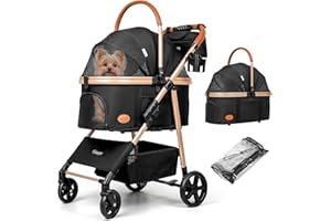 GISARYC Dog Cat Stroller for Small/Medium Pets up to 50 lbs, 3-in-1 Foldable Pet Stroller with Detachable Carrier, Car Seat, Storage Basket, Cup Holder, Hanging Bag, Rain Cover, All-Terrain 4 Wheels (Black)
