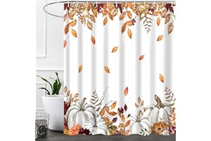 ITAPNOOM Fall Pumpkins Maple Leaf Shower Curtain, Autumn Leaves Harvest Thanksgiving Farmhouse Watercolor Seasonal Bathroom Curtain Sets, Waterproof Fabric Polyester with Hooks, 72x72 White