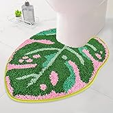 FYSUIMU Pink Green Palm Leaf Bathroom Rug U Shaped Tropical Leaf Toilet Rug Soft Bath Mat Non Slip Washable Floor Mat for Home Hotel Bathroom Restroom Decor