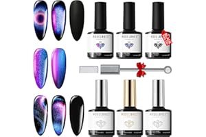 Modelones Cat Eye Gel Nail Polish- 6 Pcs 3 Colors 9D Magnet Black Blue Purple Glitter Holographic Gel Polish Set with Matte & Glossy Top Base Coat Soak Off LED Gel Kit Nail Art Manicure DIY Salon Home