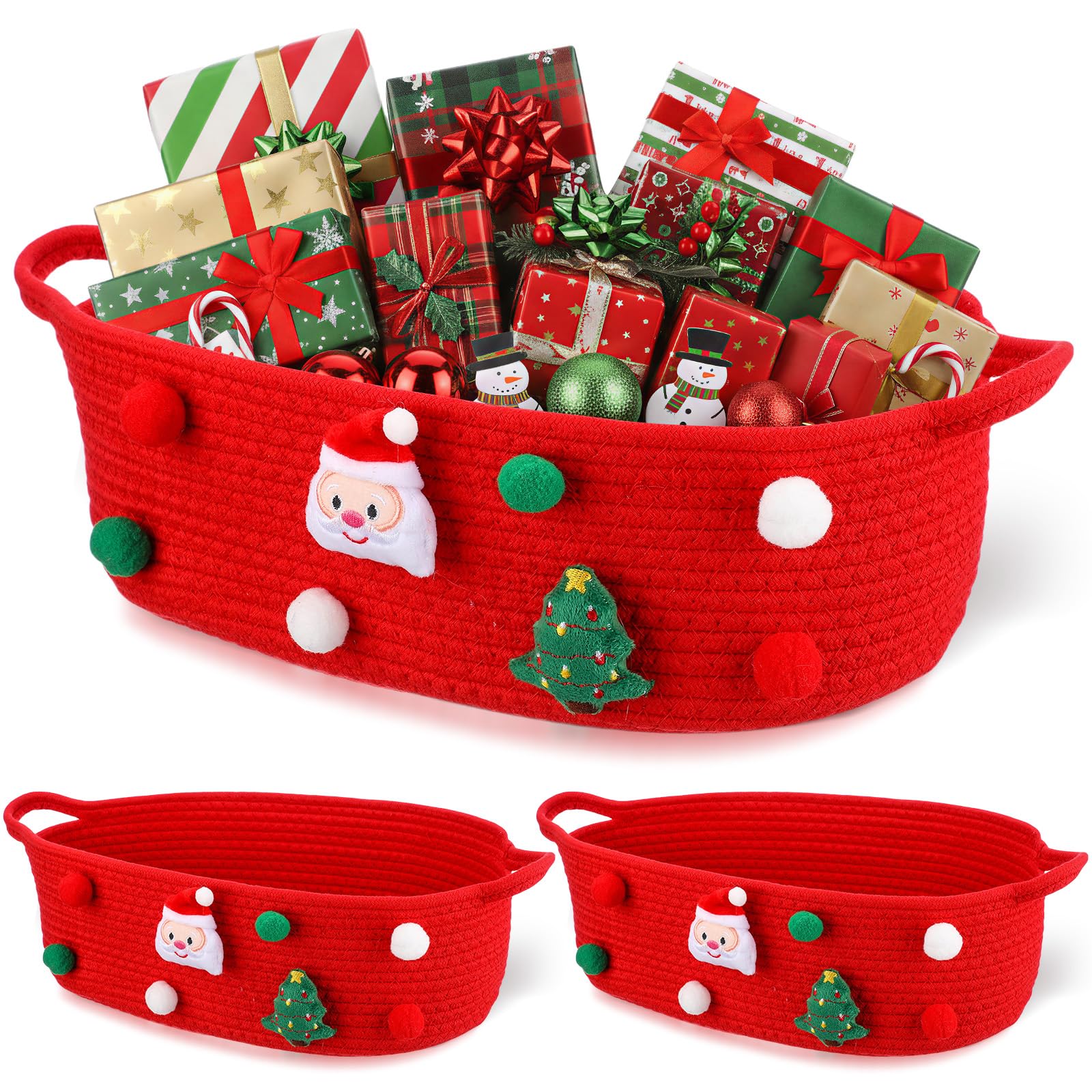Photo 1 of FoldTier 3 Pack Christmas Gift Basket Empty 15 x 9.9 x 5.1 Inch Santa Red Christmas Storage Bin with Handles, Woven Cotton Rope Basket for Gifts Holiday Treats Party Supplies, Home Xmas Decorations