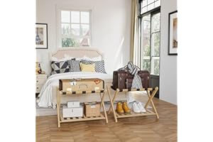 Semiocthome 2 Pack Fully Assembled Luggage Rack, Folding Suitcase Stand with Storage Shelf, Wood Suitcase Rack fit Most Luggage Size, Luggage Holders Stand for Guest Room Bedroom and Hotel (Wood