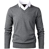 Herothorn Men's Knit Sweater Fashion Pullover Soft Touch V-Neck Sweatshirt Top with Plaid or White Mock Shirt Collar
