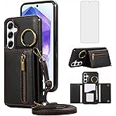 Asuwish Compatible with Samsung Galaxy A16 5G/4G Wallet Case with Tempered Glass Screen Protector and Crossbody Shoulder Strap Buckle Card Holder Cell Phone Cover for A 16 16A SM-A166U Women Men Black