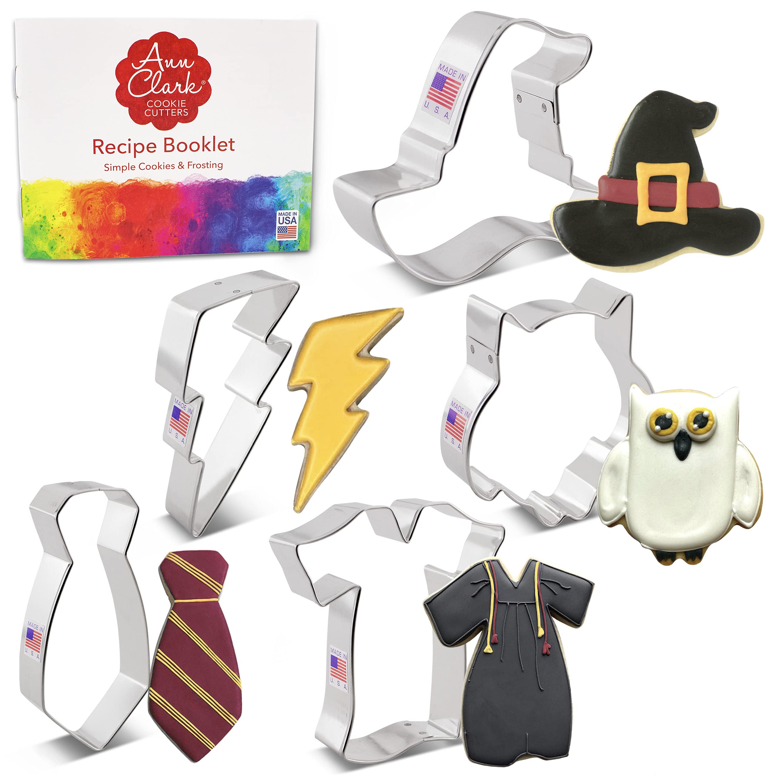 Witchcraft and Wizardry Cookie Cutters 5-Pc. Set Made in The USA by Ann Clark, Owl, Lightning Bolt, Witch's Hat, Robe, and Scarf