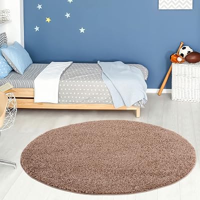 THE RUGS Living Room Round Beige Shag Rug 120 cm Soft Durable 30 mm
