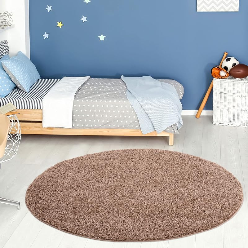 THE RUGS Living Room Round Beige Shag Rug 120 cm Soft Durable 30 mm