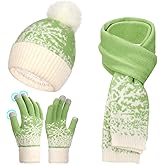 MS.ING Winter Hat Scarf Gloves Set for Women Fleece Lined Knit Beanie Hat with Pom Pom Touchscreen Gloves Long Scarf
