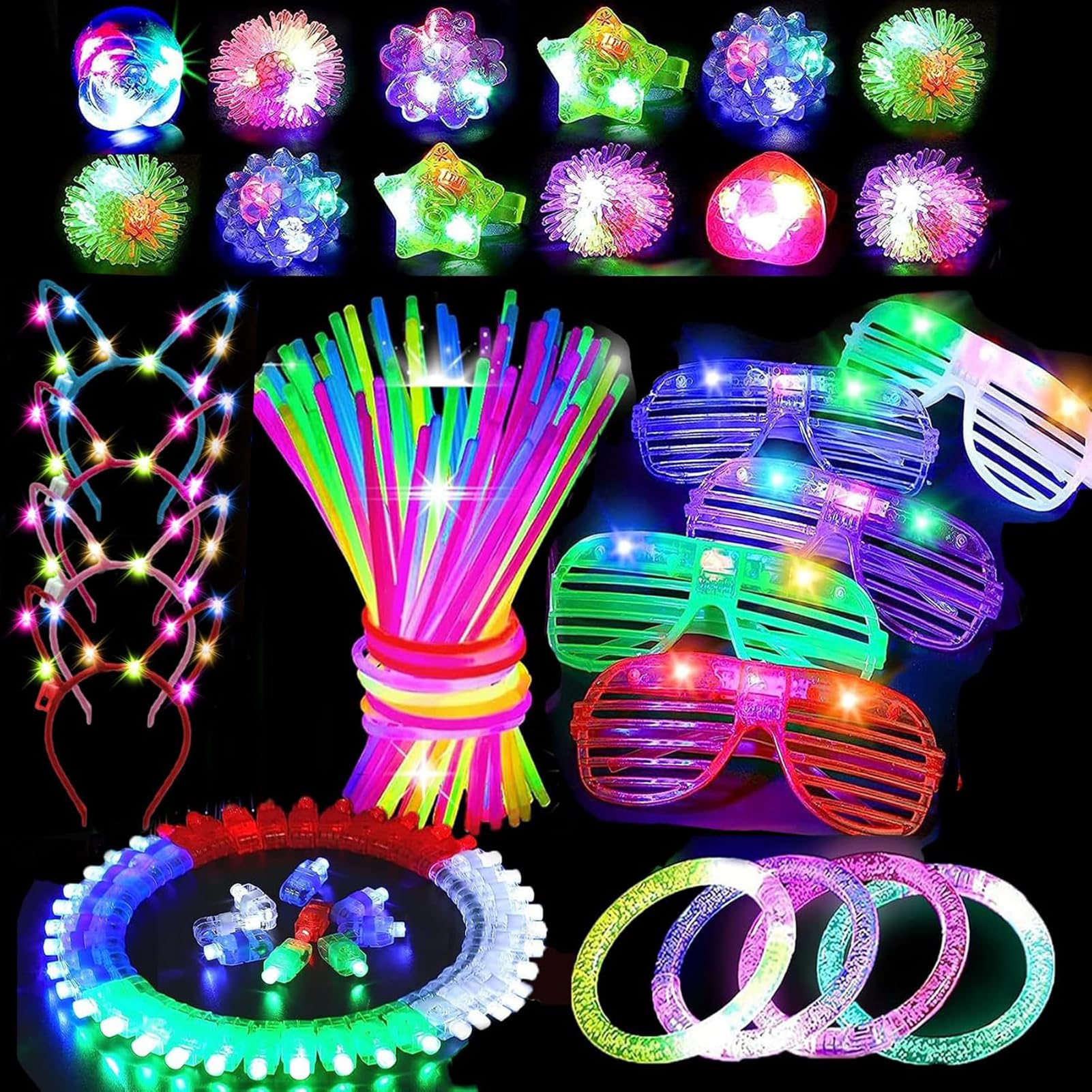 Winuoyang Glow Sticks Party Packs , 106PCS LED Light Up Toys Party Favours Glow In The Dark Party Supplies With Finger Lights,Glow Glasses,Jelly Rings for Halloween Christmas Birthday Party