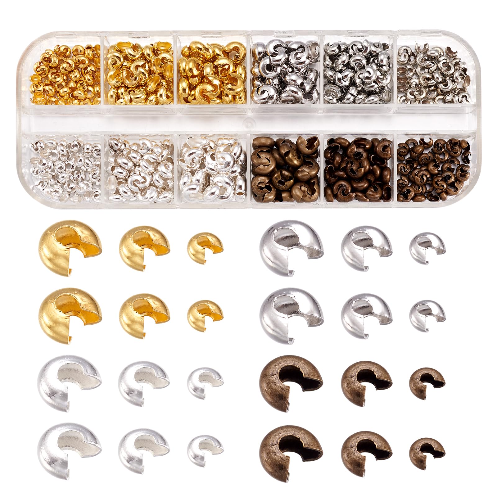 PandaHall 540pcs 4 Colors Brass Crimp Beads Covers 3.2~5x2.2~4mm for Jewelry Making, Hole: 1~2mm