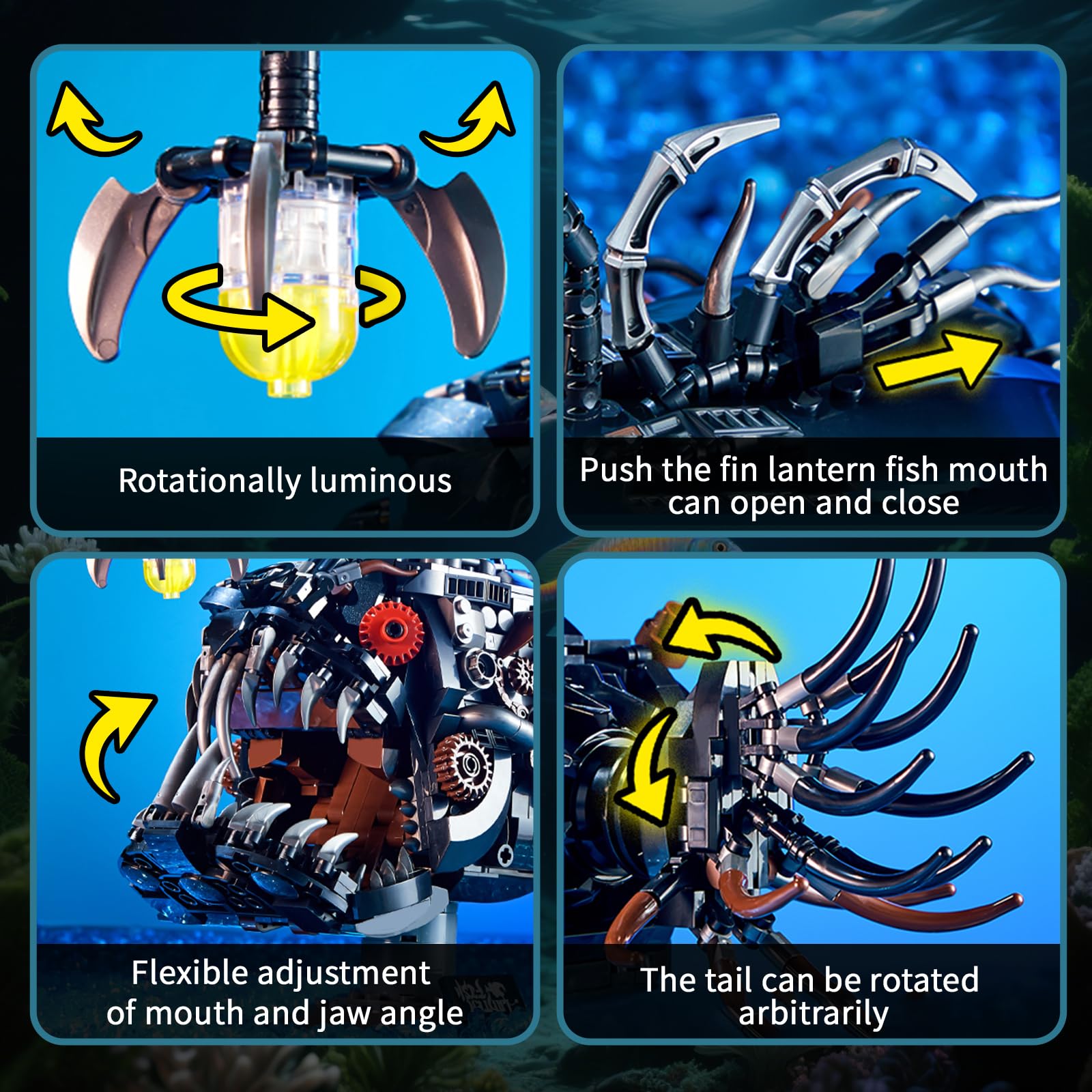 Mechanische Laternenfisch Bausteine Klemmbausteine mit Licht, Kompatibel mit Lego Set, 1038 Teile Meerestiere Anglerfisch Spielzeug für Home Deko, STEM Geschenk für Erwachsene Jugendliche Jungen 8-14+ 3