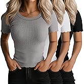 Huukeay 3 Pack Women's Ribbed Knit Crop Tops Lettuce Trim Round Neck Short Sleeve Shirts Summer Slim Fitted Casual Basic Tees