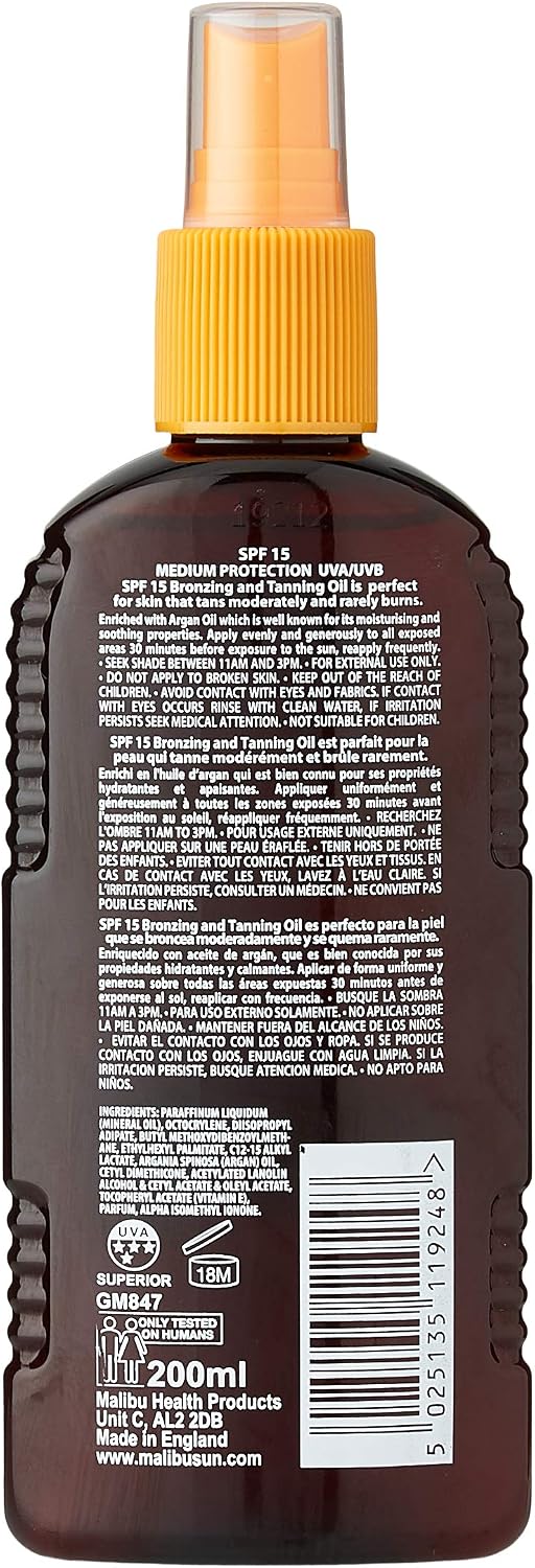 Malibu Sun SPF 15 Bronzing Tanning Argan Oil Spray with Medium Protection, Water Resistant, Tropical Scent, 200ml - Image 4