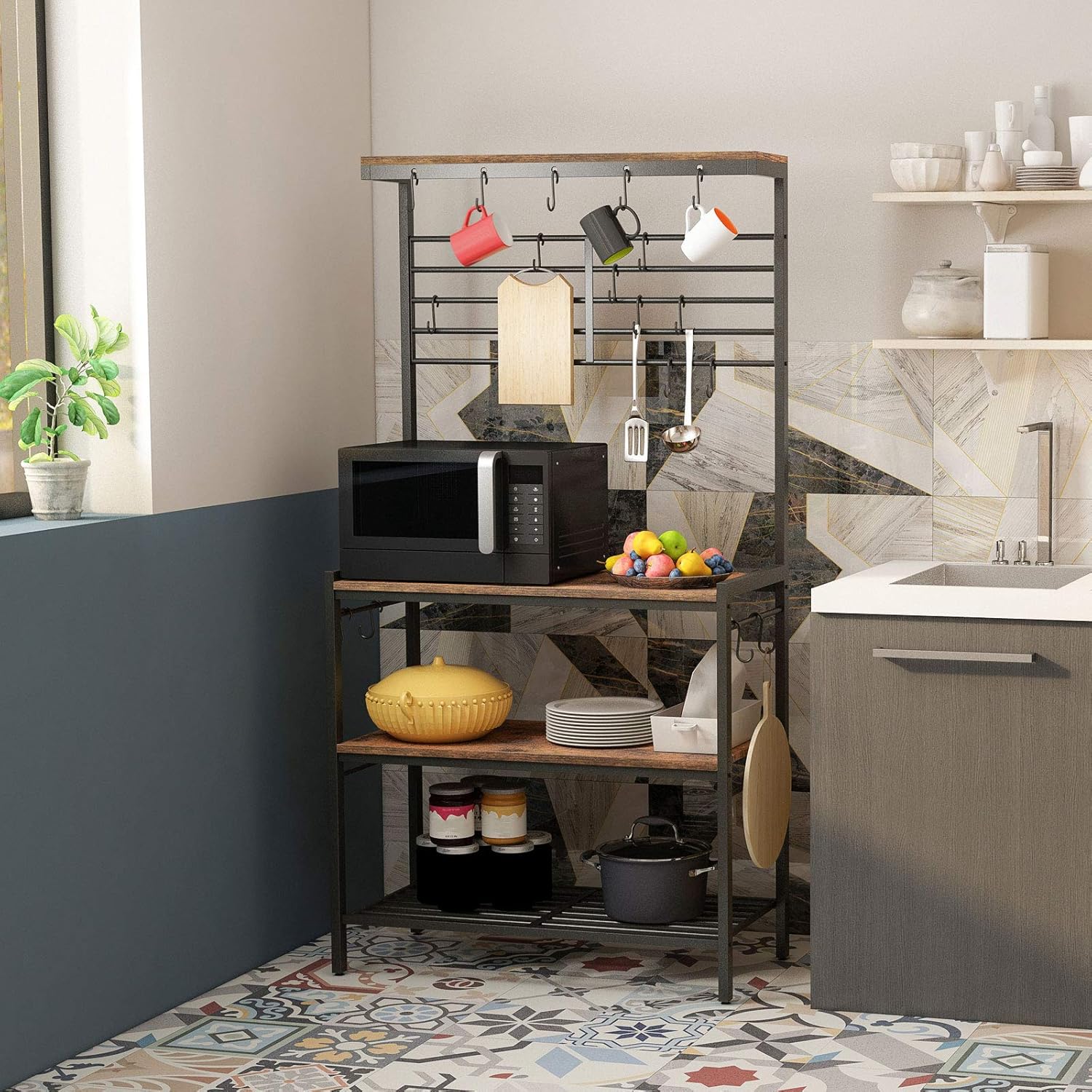 HOOBRO Kitchen Baker's Rack, Kitchen Microwave Oven Stand with High Display Shelf, 2 Wood Shelves and Mesh Panel, Kitchen Island Rack with 6 Hooks, Adjustable Feet, Metal Frame, Rustic Brown BF01HB01 - Standing Baker's Racks