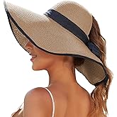 Sun Beach Hats for Women with Ponytail Hole, Floppy Wide Brim Beach Hat, Straw Summer Packable Sunhat Foldable Sun Protection