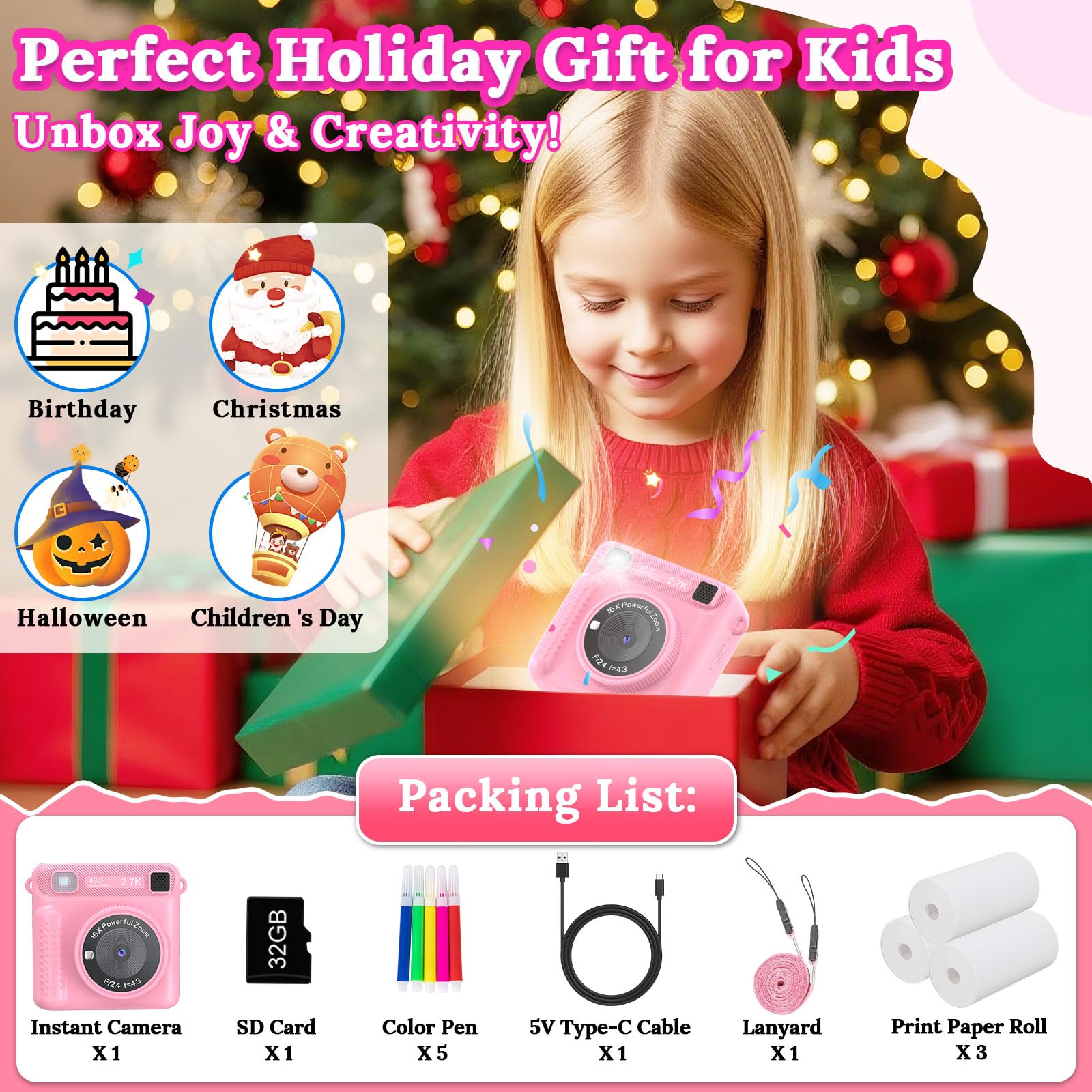 JPVERLY Kids Instant Print Camera - Christmas & Birthday Gift for Boys and Girls Ages 3-12, HD Digital Video Camera Toy with 3 Rolls Printing Paper & 32GB Card (Pink)