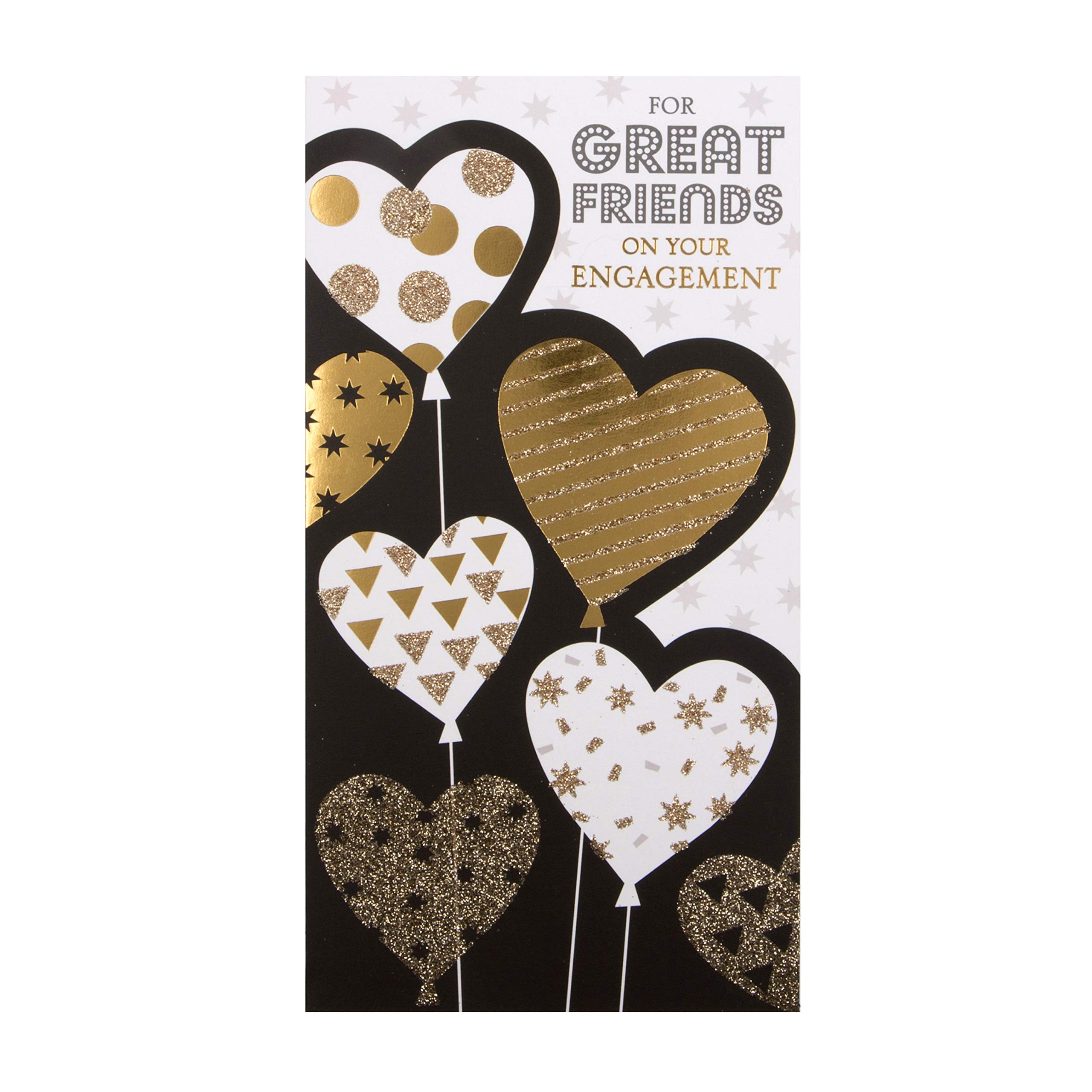 Hallmark Friends Engagement Congratulations Card - Black And Gold Heart Balloons Design