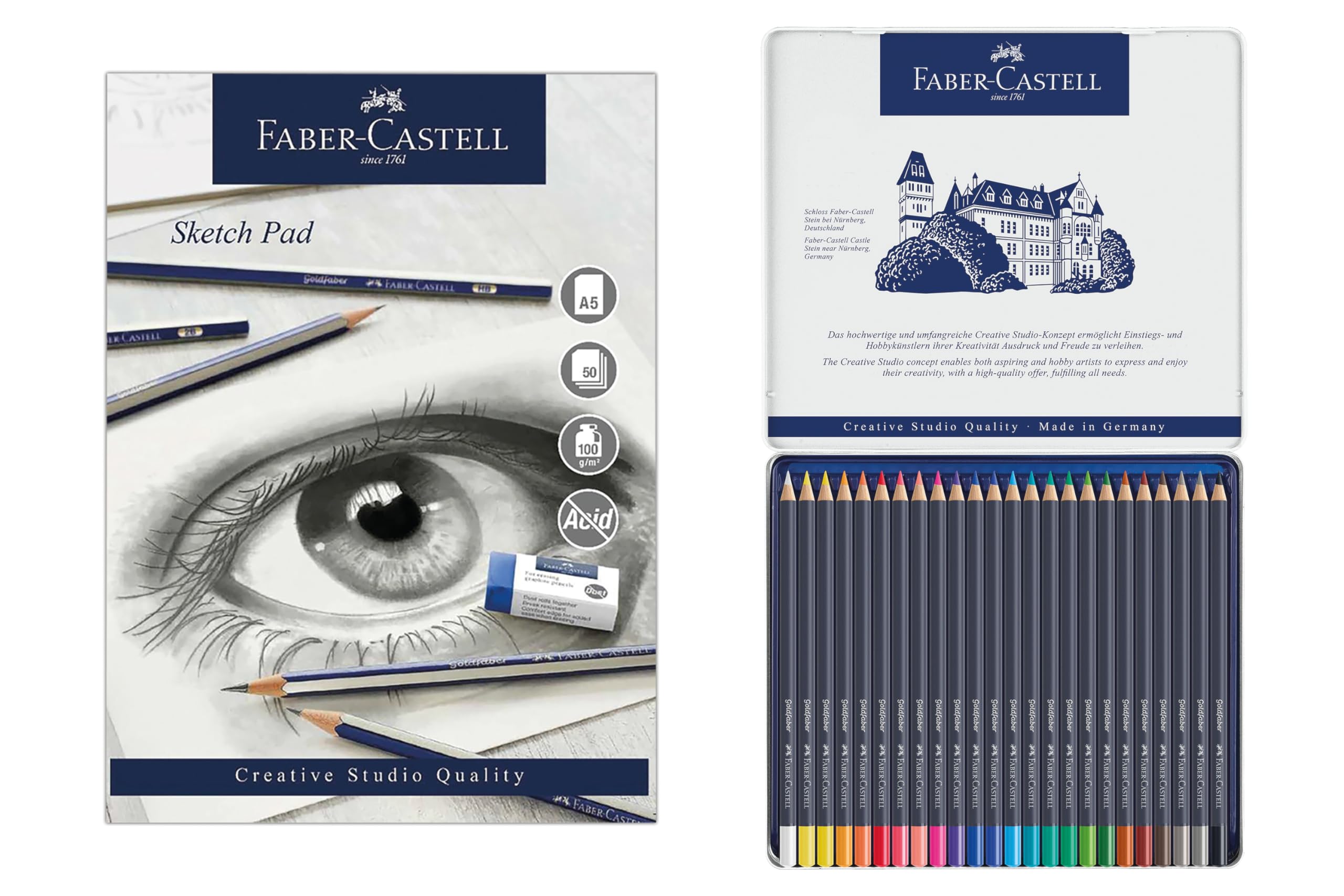 Faber-Castell Goldfaber, Colour Pencil Set, Tin of 24 & Sketch Pad, A5, Gummed Paper Pad 100gsm, 50 Sheets, Art, Drawing, Sketching, Artist Supplies