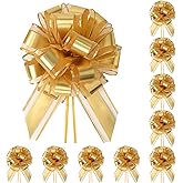 TIMESEEK 10-Pack Metallic Gold Pull Bows for Gift Wrapping - 6 Inch Reusable Ribbon Bows, Large Instant Floral Decor Bows for Wedding, Christmas, Birthday Decor, Gift Basket & Party Decorations