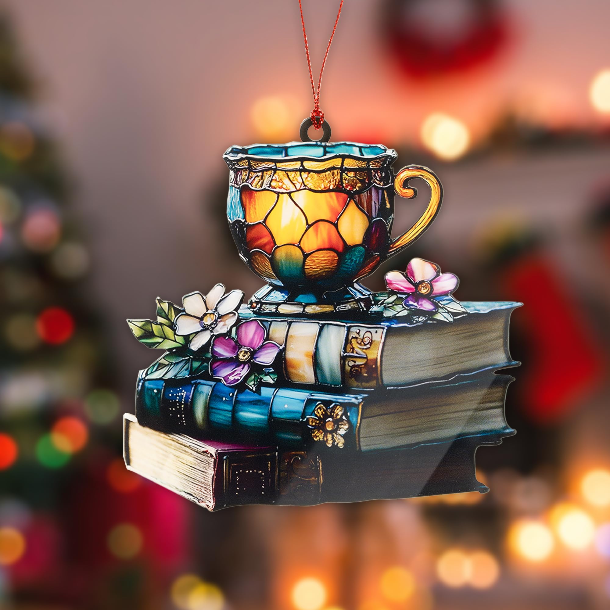 Photo 1 of Book Ornament, Tea Books Floral Acrylic Suncatcher, Book Lover Gifts for Women, Christmas Ornaments for Tree, Gift for Readers Friends Coworker, Hanging Literary Decor, Holiday Ornaments