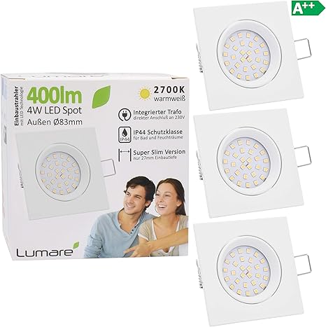 3x Lumare Led Einbaustrahler 4w 400 Lumen Ip44 Nur 27mm Extra Flach Einbautiefe Led Leuchtmodul Austauschbar Deckenspot Ac 230v 120 Deckenlampe Einbauspot Warmweiss Weiss Eckig Badezimmer Amazon De Beleuchtung