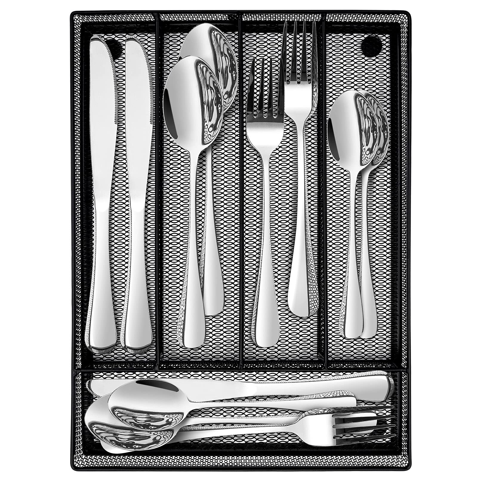 24 Piece Cutlery Set with Mesh Drawer Oragniser, Homikit Stainless Steel Flatware Silverware Sets for 6, Elegant Tableware Included Silver Knife Fork Spoon, Black Utensil Storage Tray, Easy Clean