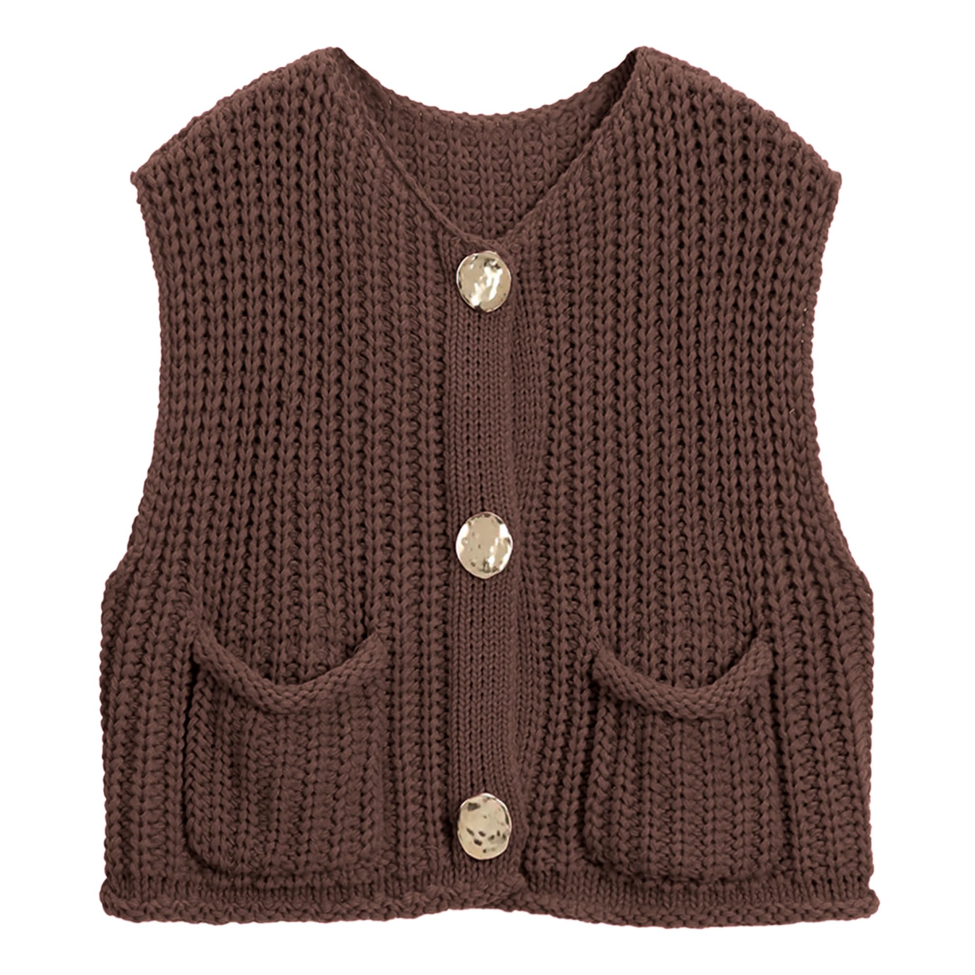 Photo 1 of Hixiaohe Womens Crochet Chunky Knit Top Sleeveless Button Down Crop Tops Trendy Cardigan Sweater Vest for Women with Pockets(Coffee,S)