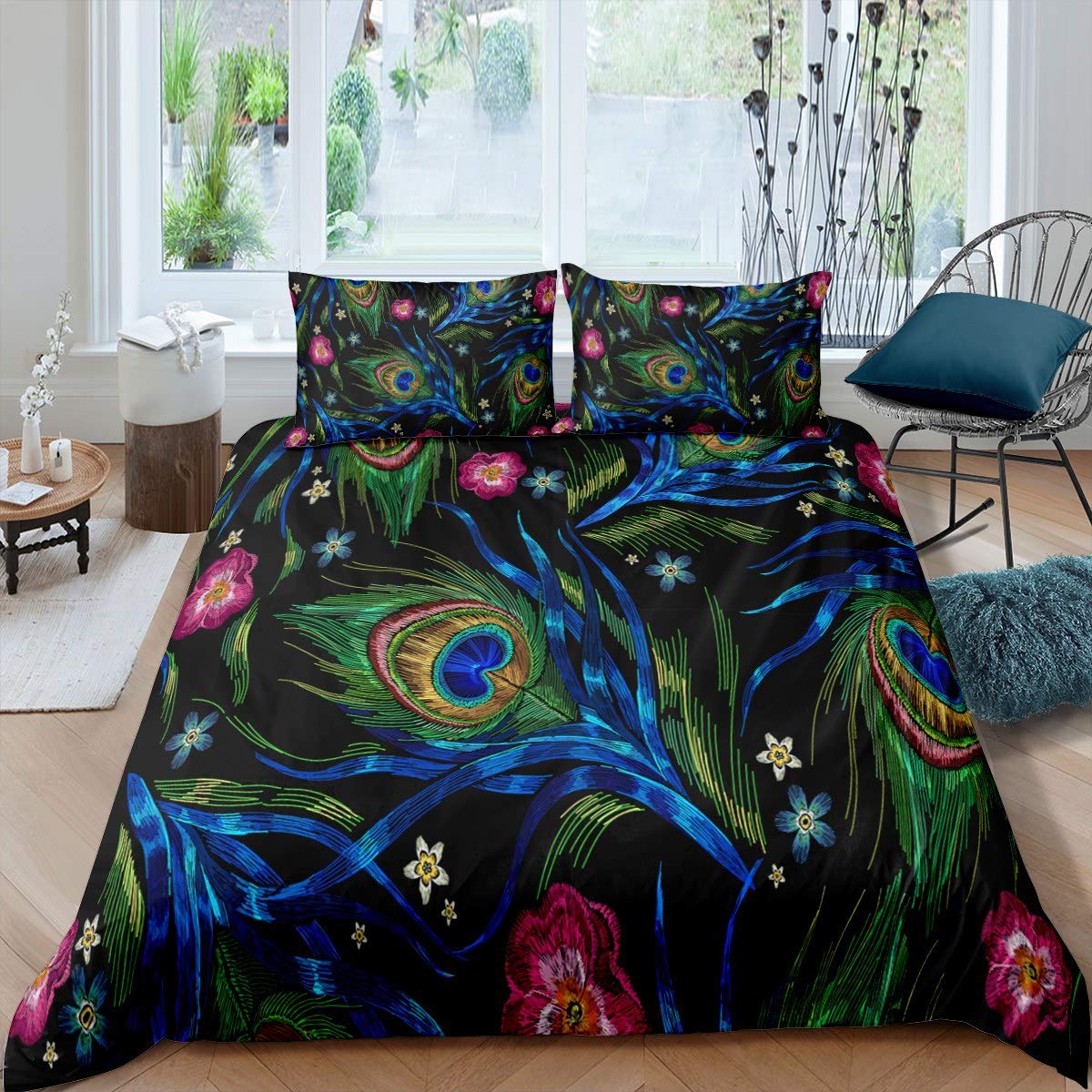 Peacock Feather Print Duvet Cover Bird Feathers Element Bedding Set for Kids Boys Girls Teens Ultra Soft Floral Flowers Comforter Cover Gorgeous Chic Microfiber Bedclothes 3Pcs Double Size