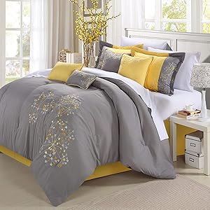 Chic Home 8-Piece Embroidery Comforter Set, Queen, Pink Floral Yellow