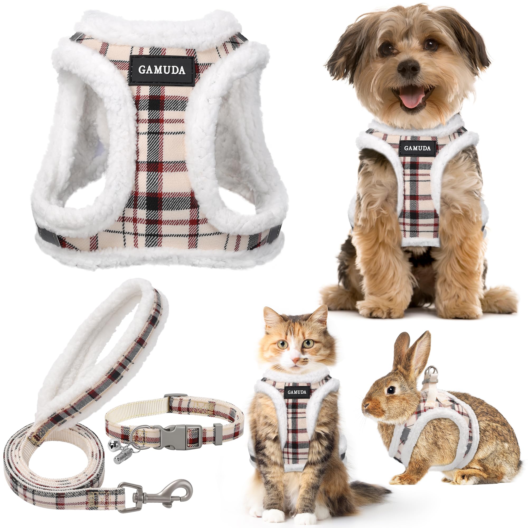 Photo 1 of GAMUDA Small Dog Harness Collar and Leash Set, Step in No Chock No Pull Soft Mesh Adjustable Dog Vest Harnesses Plaid Reflective for Dogs Puppy Cats Kitten Rabbit (Warm Beige, M)