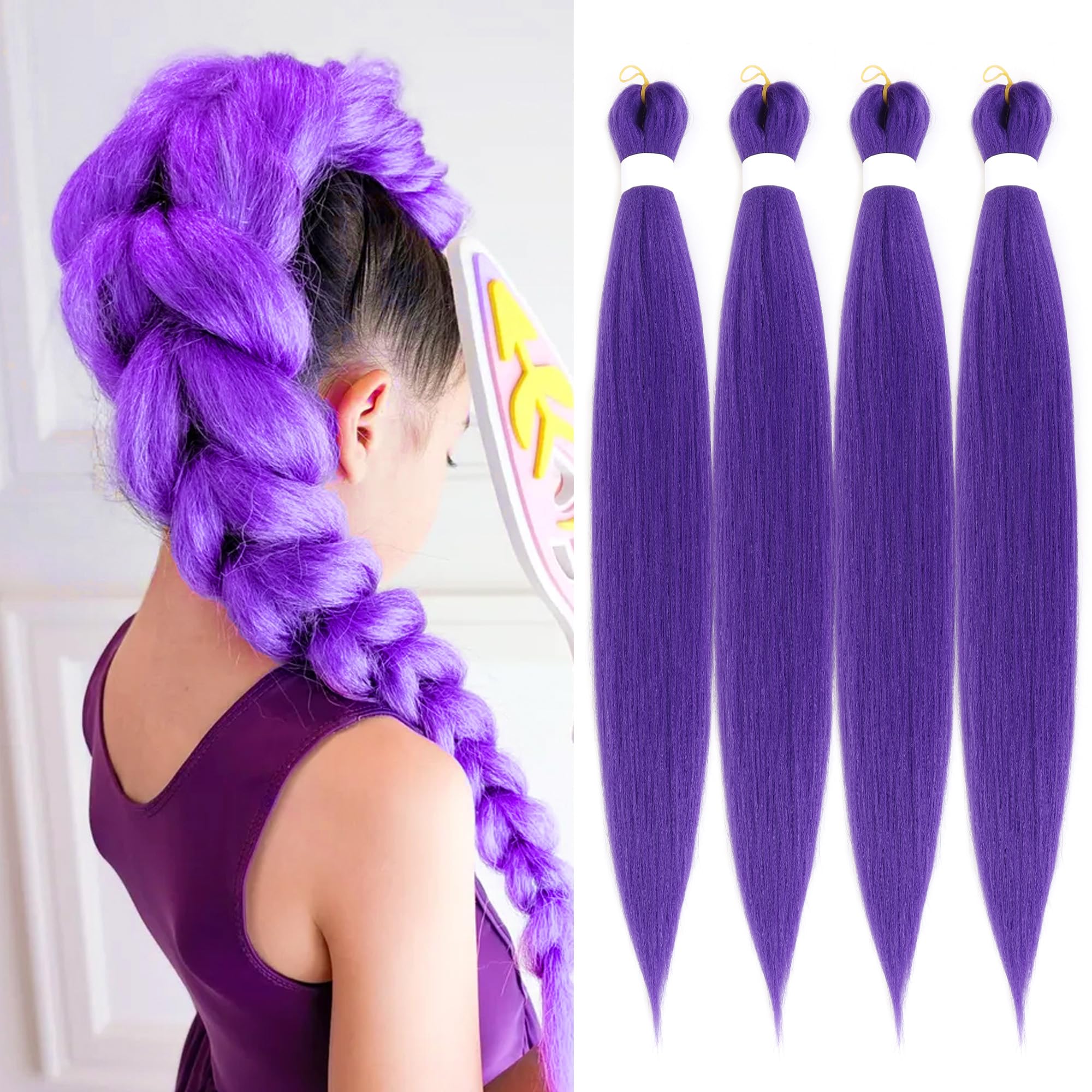 Photo 1 of ZAVIDE 30 INCH Pre-stretched Braiding Hair Extensions for Women 4 Packs Purple Synthetic Fiber for Box Braiding Hair Makeup Long DIY Purple Ponytail Hair 60 INCH for Cosplay Halloween Costume