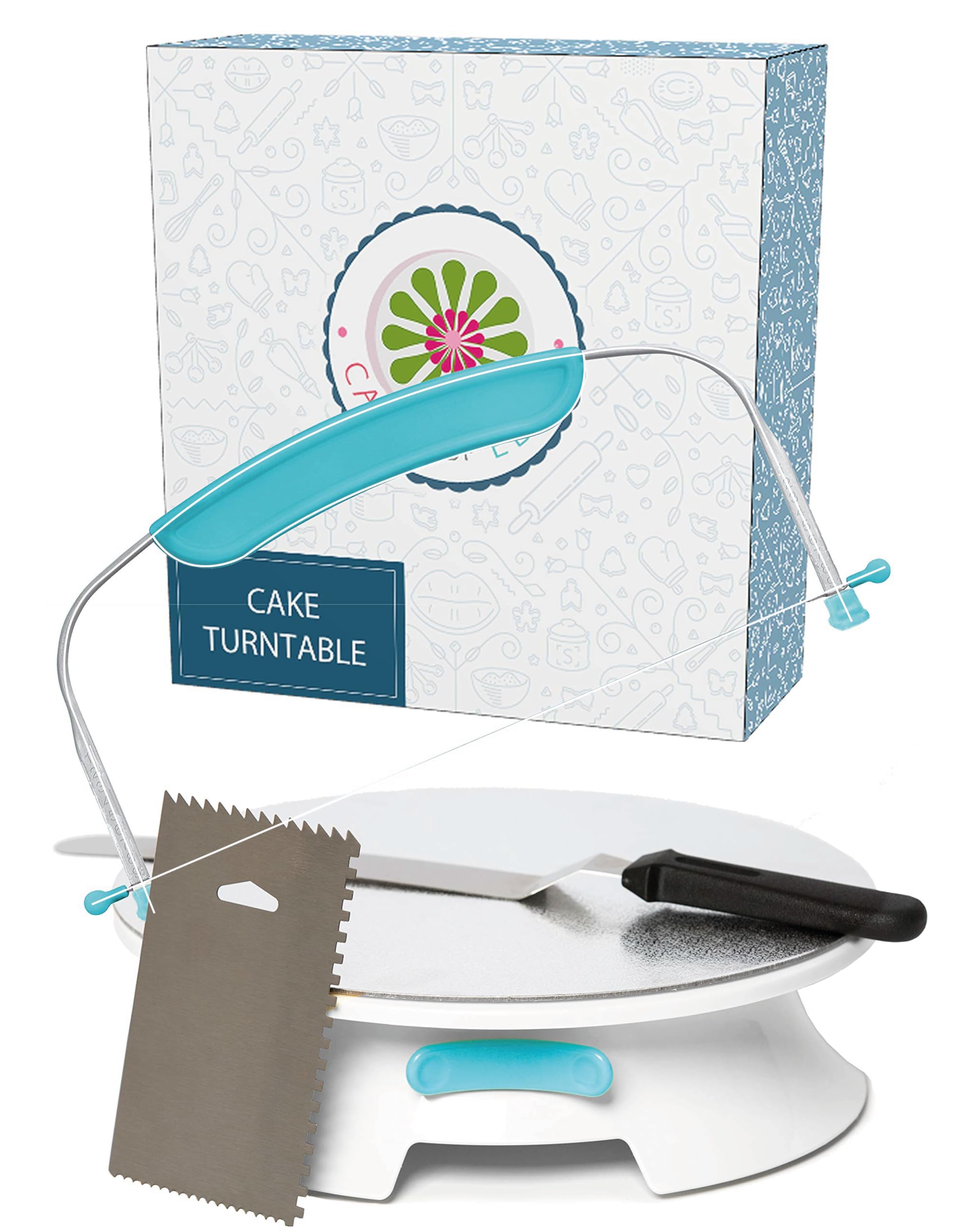 ForeverSmooth Cake Turntable Stand- Sturdiest Rotating Cake Leveler & Slicer. Decorating Supplies Kit w/Offset Spatula Set, Icing Bench Scraper, Cake Boards. 12 Inch White Spinner Baking Accessories