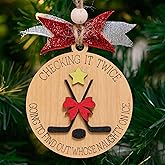 Kemmintvn Funny Hockey Christmas Ornament – Wooden Ice Hockey Tree Decoration, Naughty on Ice Holiday Ornament, Gift for Players & Fans