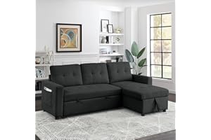 Antetek Reversible Sleeper Sectional Sofa with Pull-Out Bed, Comfy Tufted L-Shaped Sectional Sofa Couch Bed with Storage Chaise Side Pocket, Furniture Set for Living Room, Small Space, Black